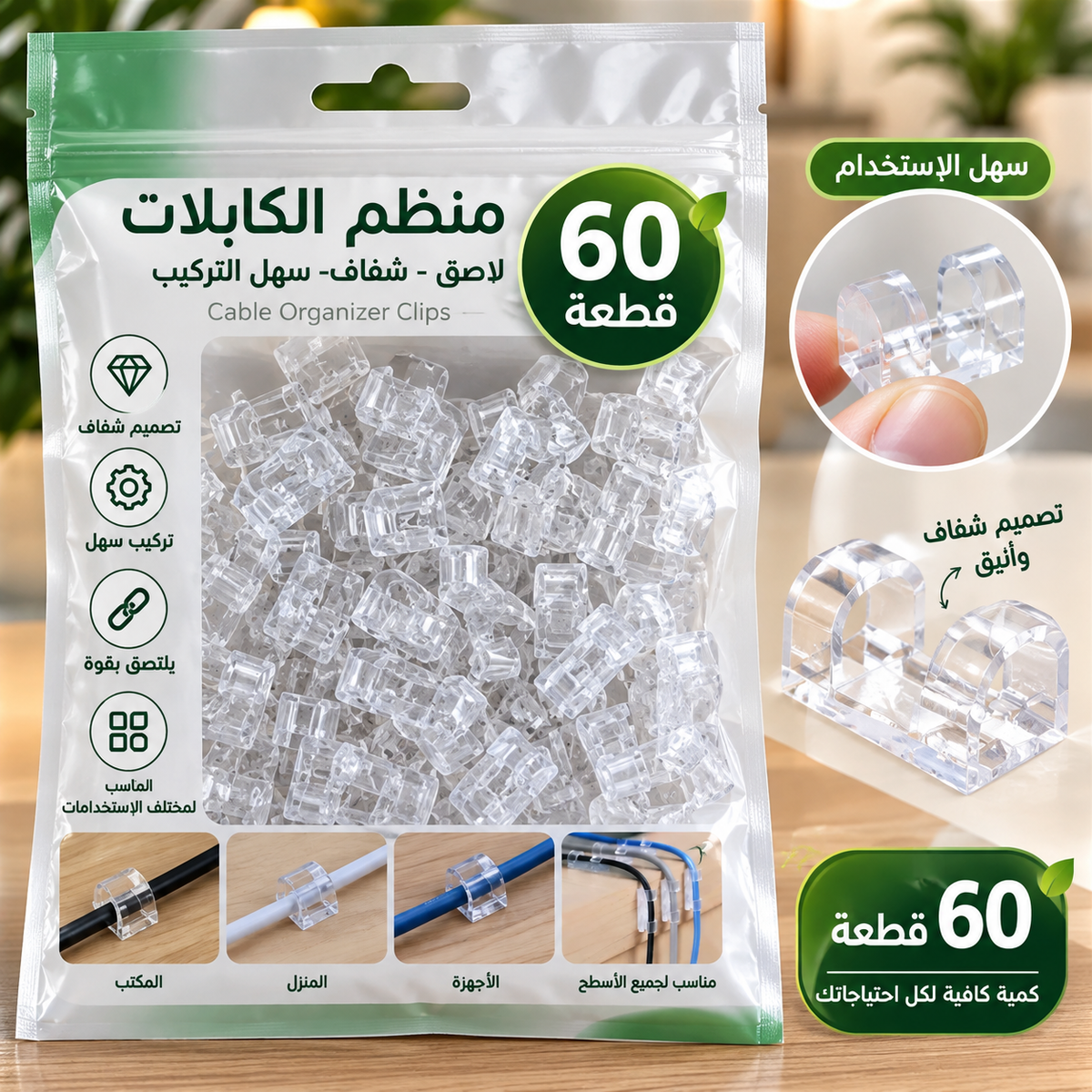 منظم الكابلات اللاصق (60 قطعة)